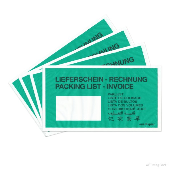 Lieferscheintaschen aus Kraft-Papier, DinLang, 24 x 13,1 cm, Grün mit Aufdruck