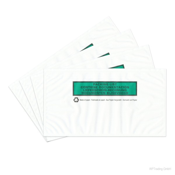 Lieferscheintaschen aus Kraft-Papier, DinLang, 24 x 13,1 cm, Balkendruck grün