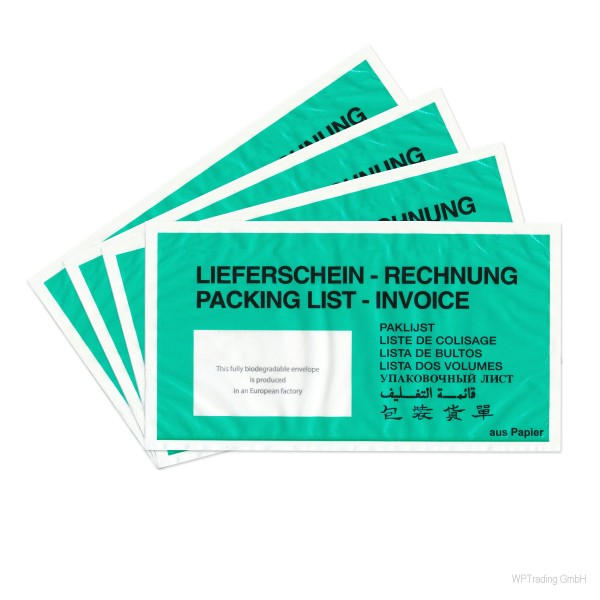 Lieferscheintaschen aus Pergamin-Papier, DinLang, 24 x 13,1 cm, Grün mit Aufdruck 